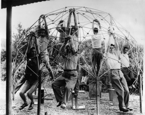 R. Buckminster Fuller and students with the first model of Fuller's Geodesic Dome, 1948, made at the Institute of Design, Chicago. Courtesy the Estate of R. Buckminster Fuller.